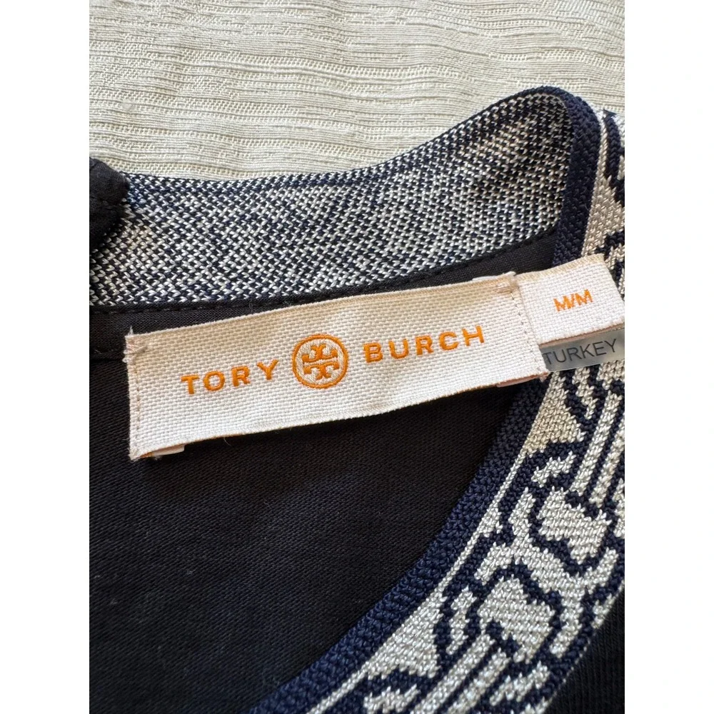 Tory Burch Women's Medium Navy Tea Rose Floral Embellished T-Shirt